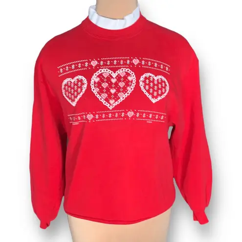 Vintage 80s Red White Heart Valentine Sweatshirt Made in USA Medium Cozy Cottage
