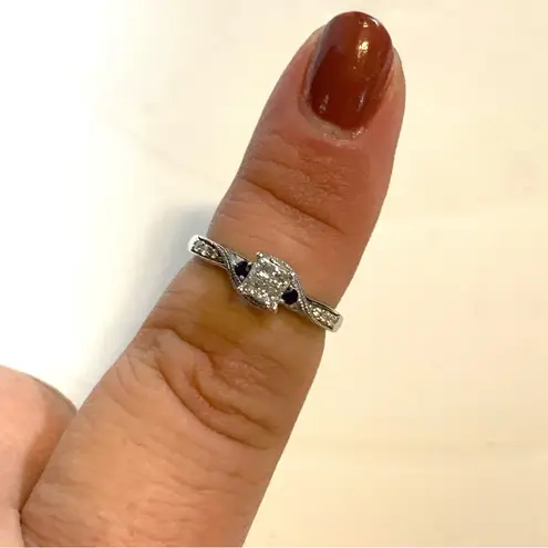 10K SOLID WHITE GOLD .20 CARAT TOTAL WEIGHT & SAPPHIRE DIAMOND RING (5.25) Blue