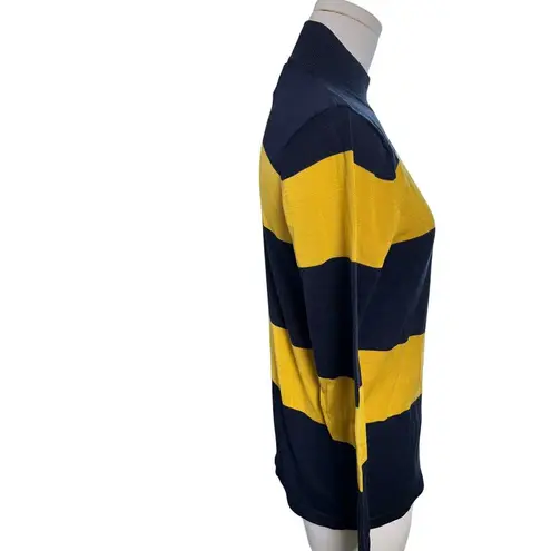 August Silk Sweater Small Navy Yellow Stripe Mock Neck Pullover Long Sleeve