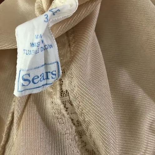 Vintage 70s Sears Beige Nylon Lace Trim Slip Nightgown Small