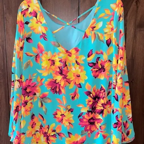 Pink Owl Womens Retro Dress Size Small Hippie Vibrant Floral Dress Flared Sleeves Teal