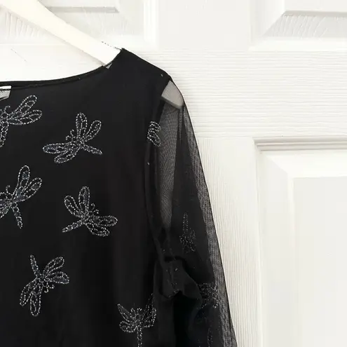 Victoria Jones Petite Black Mesh Sleeve Rhinestone Dragonfly Y2K Goth Top Medium