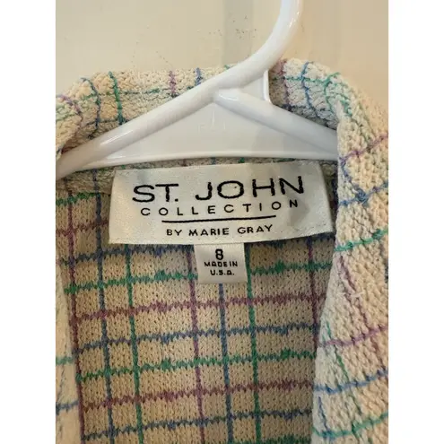 St. John Knits Cream Blue JACKET Siz 8 Suit Blazer Multicolor Plaid Classic