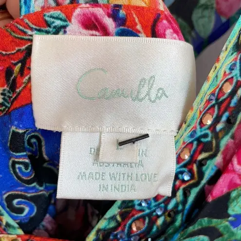 Camilla Blue floral Pretty Procession V neck silk mini dress L