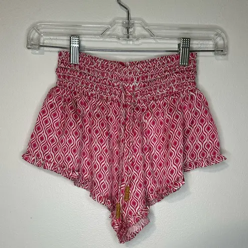 Paloma Blue Silk Printed Shorts Pink Smocked Waist Sz XS Beachy Travel Luxury