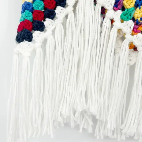 Womens Boho Hippie Festival Beach Fringe Granny Square Crochet Cropped Top White Size M