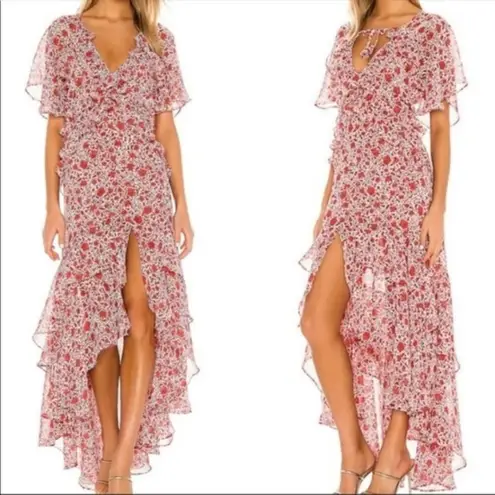 MISA Los Angeles Misa Katarina Floral Printed Flutter Sleeve Ruffle Asymmetric Maxi Dress Red XS
