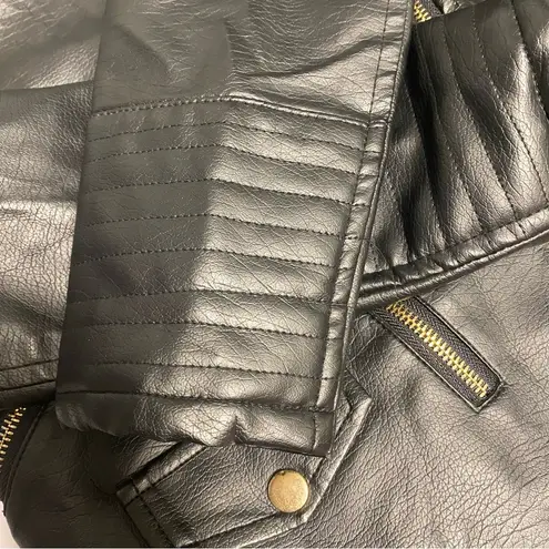 Stylish Black Faux Leather Moto Jacket with Gray Hood Faux Fur Lined Size Small