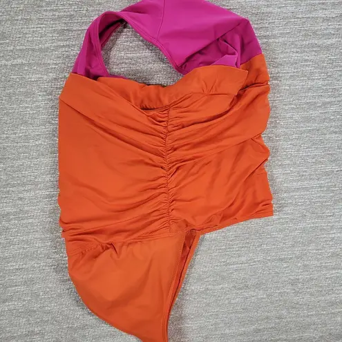 Lauren Ralph Lauren One Piece Swimsuit Womens 8 Orange Pink Ruched Halter Tie