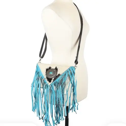 Myra Bag Western Cowhide White Fur with Turquoise Fringe Crossbody Bag Purse NEW
