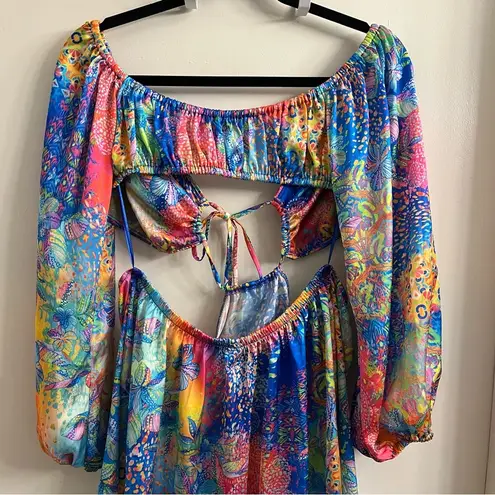 Luli Fama Women's Deco Gardens Halter Long Sleeve Cut Out Mini Dress Size Medium