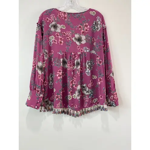 Boho Floral Fringe Tassel Hem Flowy Rayon Top Sz L Purple Floral V Neck Peasant Size L