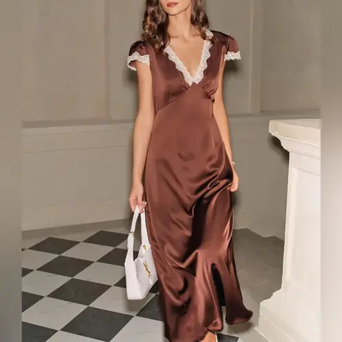 Rihoas Brown Satin V Neck Lace Maxi Dress Size XL