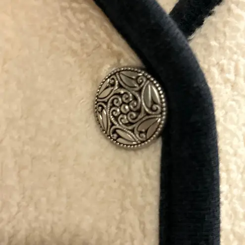 LL Bean Cream Fleece Cardigan Jacket Black Trim Button Front Pockets Large