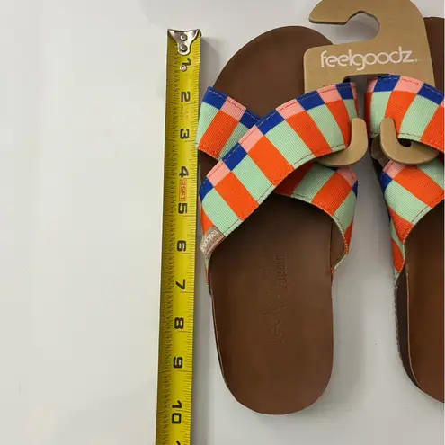 Feelgoodz • NWT Orange Green Blue Pink Striped Slide On Sandals Size 7