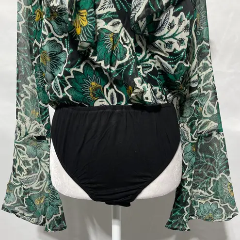 Band Of The Free New Floral Flare Long Sleeve Bodysuit Black Emerald Size Medium