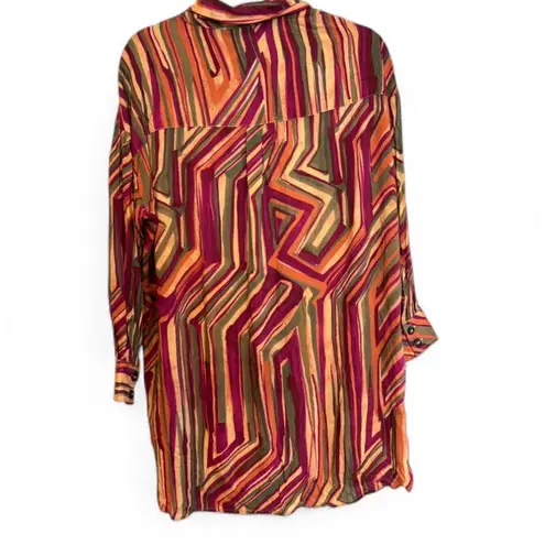 Dress Forum Rayon Abstract Stripe Long Tunic Button Shirt Dress Medium