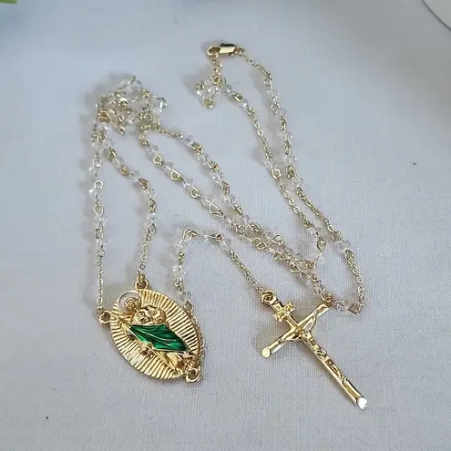 Gold with Clear Crystal Rosary Necklace St Jude Pendant