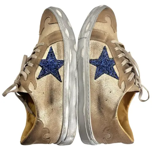 Dingo Playdate Leather Sneakers Tan and Blue Star Sneakers
