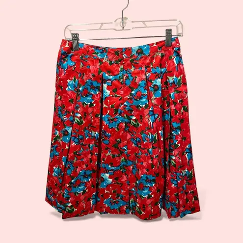 Talbots Cute rosy red blue floral  cotton with stretch lined pleated skirt mini - Image 4