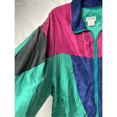 Vintage Casanova Italy Green Silk Track Jacket with Color Blocks XL Blue