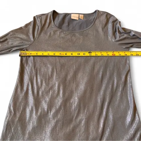 Chico's  Size 1 M Metallic Shimmer Top Pewter Silver Stretch Knit 3/4 Sleeve