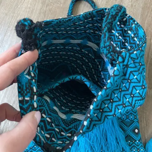 Blue Knit Crossbody Purse boho hippie festival bag elephant charm beads fringe