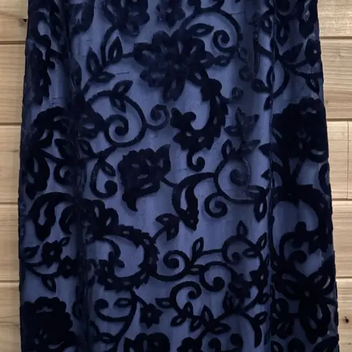 Vintage Steppin Out Sz Small Navy High Neck Crushed Velvet Mesh Filigree Dress Blue