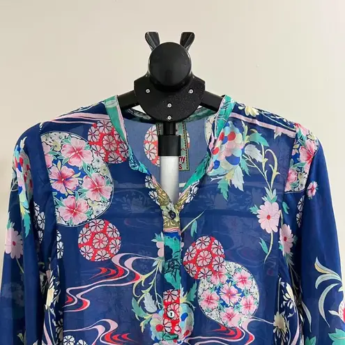 Johnny Was NWOT  Blue Floral Kimono Ellyonora Half Placket Tunic Shirt Dress S