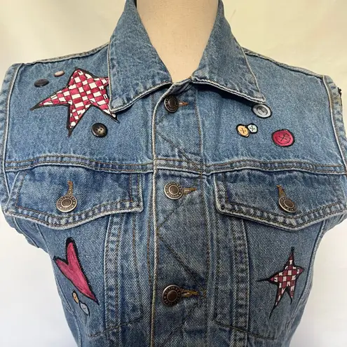 Vtg County Seat Denim Womens Vest Sz S Y2K Moon Stars Boho Western Cottagecore Blue