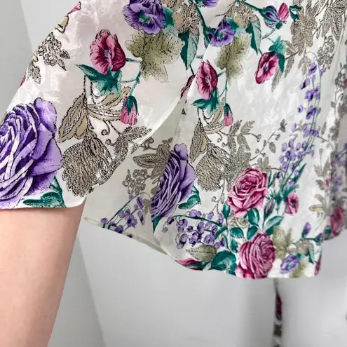 Vintage California Miss Womans Slick Satin Robe Ivory Floral Robe Slip Set Purple Size M