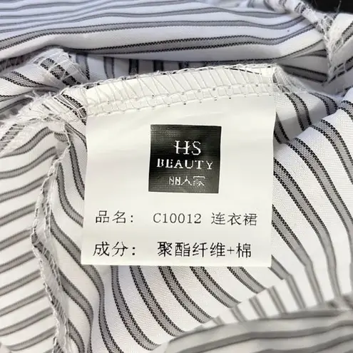 Wong Studio New Ruched Flared Hem Striped Short Sleeve Shirt Dress White Grey