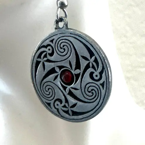 Piran Pewter Celtic Spiral Red Cabochon Drop Earrings Silver