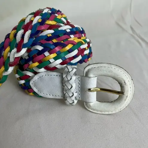 Vintage Braided Woven Leather Belt White Rainbow Colorful Boho 80s 90s Medium