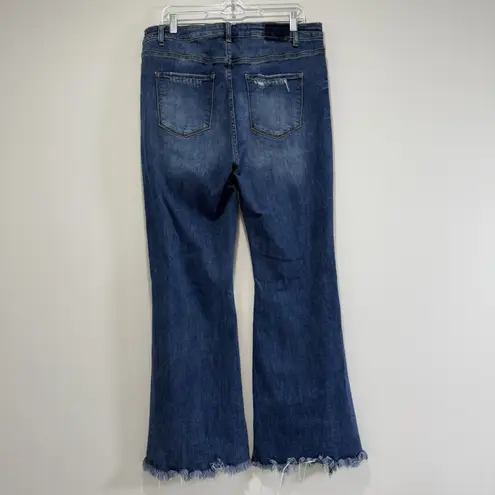 Risen High Rise Front Slit Frayed Hem Flare Jeans Size 1XL Bohemian Hippie Retro Blue