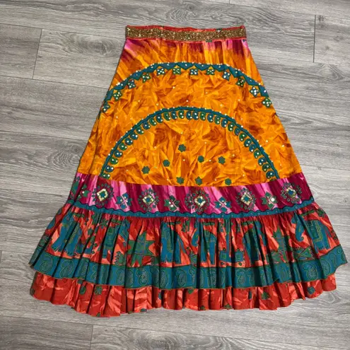 Venus USA Women Orange Boho Beaded Sequin Tiered Ruffle Festival Maxi Skirt Sz L Size L