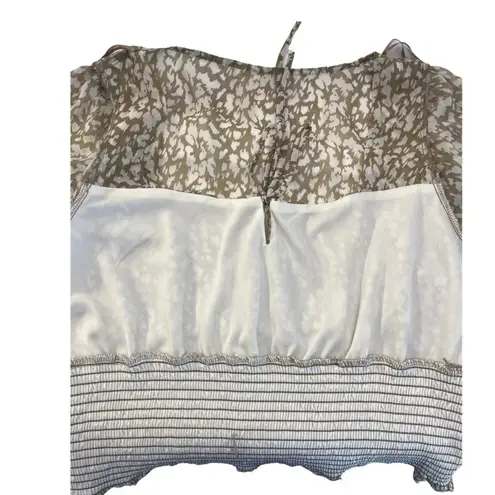 Nine Britton Cream Tan Pattern Smocked Sheer Blouse Size L Long Sleeve