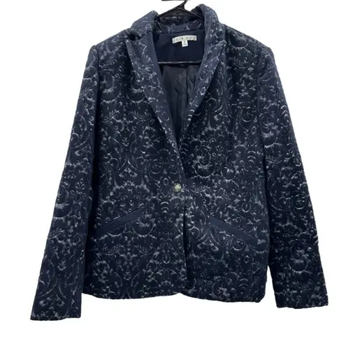 CAbi #109 Brocade Navy Blue Floral Jacquard Print Single Button Blazer Size 6