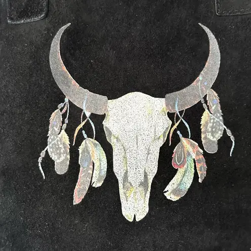 Vimoda Paris Black Soft Raw Leather Open Tote Bull Skull Feathers Boho Flowers
