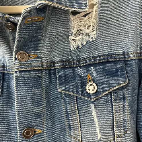 Elan Frayed Distressed Blue Denim Jacket with Slight Crop, Size Large