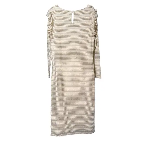 dRA Los Angeles Cream Beige Crochet Striped Midi Dress Ruffle Sleeves Large Tan
