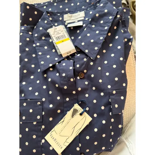 Van Heusen NWT Polka Dot Button Down Shirt Classic Fit Blue Women's Size Medium