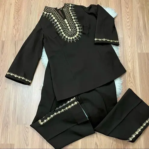 60’s/ 70’s Brown and Gold Tunic and Pants Suit Ornate Gold Trim S/M Size M
