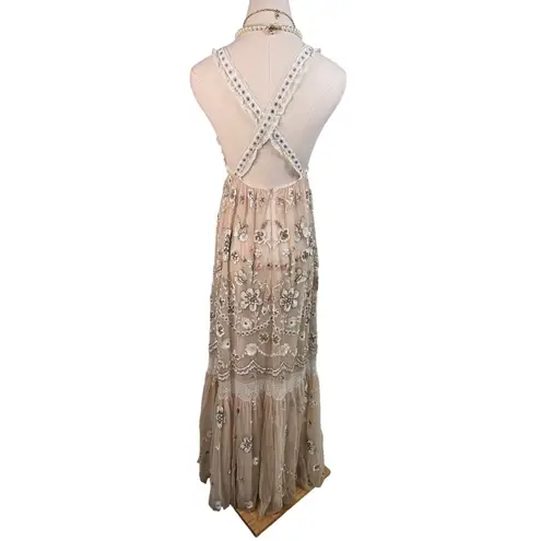 Needle & Thread Embellished Rhinestone Beaded Maxi Gown nude pink Size US 2