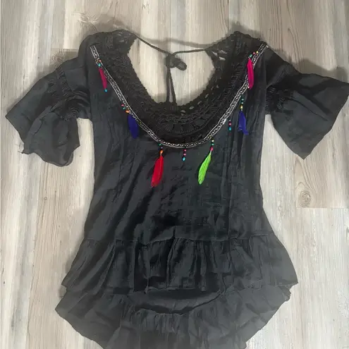 Black Bohemian Women's Top with Colorful Accents Gray Size undefined