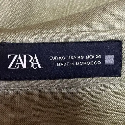 ZARA  100% Linen Green Cropped Collared Wide Short Sleeves Button Up Shirt Top XS