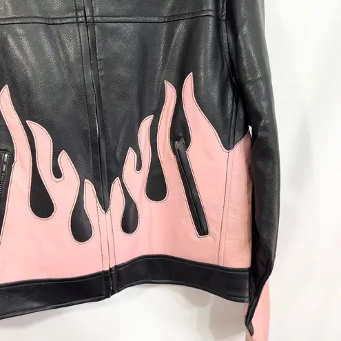 VTG Diamond Plate Womens Large Faux Leather Jacket Black Pink Flame Moto Biker D