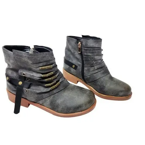 Retro Round Toe Ankle Combat Boots Faux Leather Side Zip Pull On Gray Size 41 Black