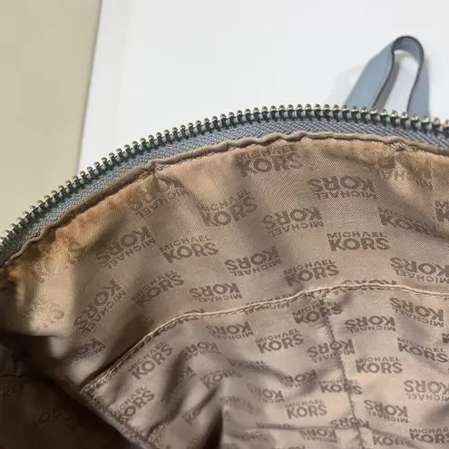 Michael Kors Bedford Satchel Handbag Blue Leather Trim MK Logo Canvas