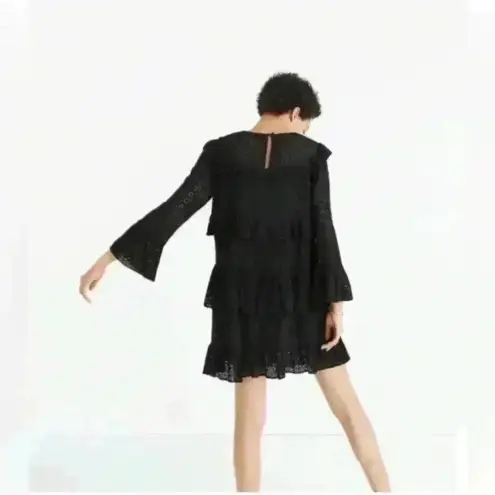 Madewell ‎ Women’s Black Eyelet Waterlily Tiered Ruffle Boho Mini Dress Size 10